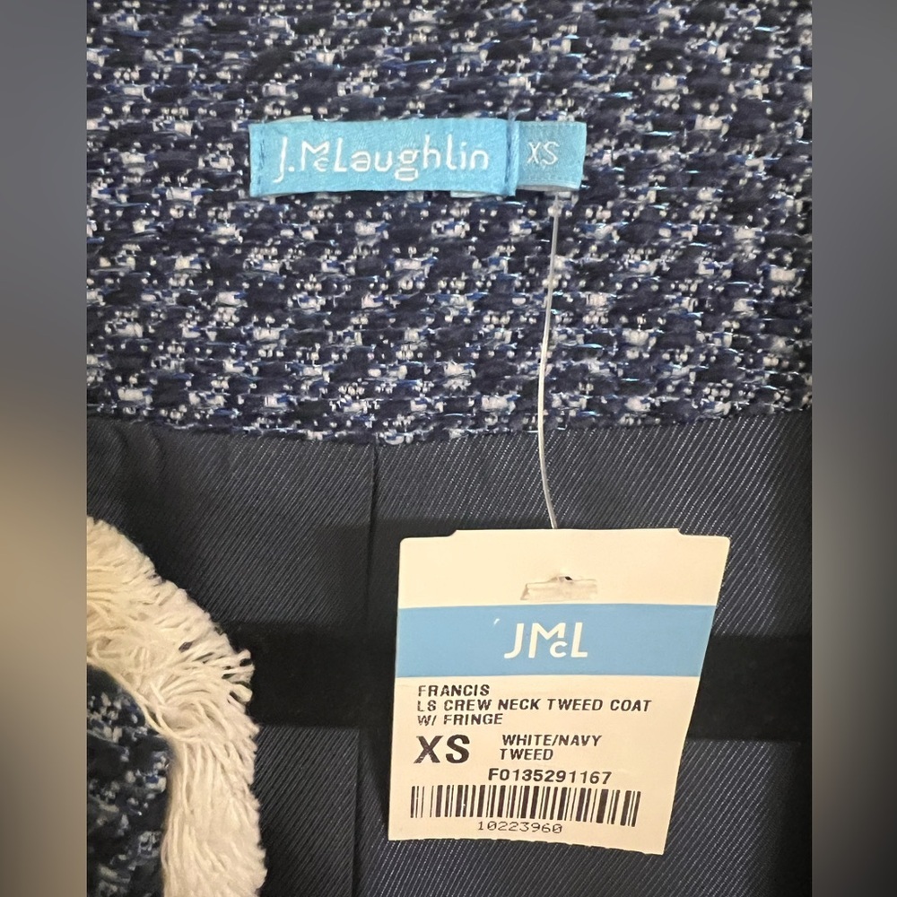 NWT J. McLaughlin Blue White Fringe Trim Tweed Francis Jacket, Size XS - Picture 3 of 5